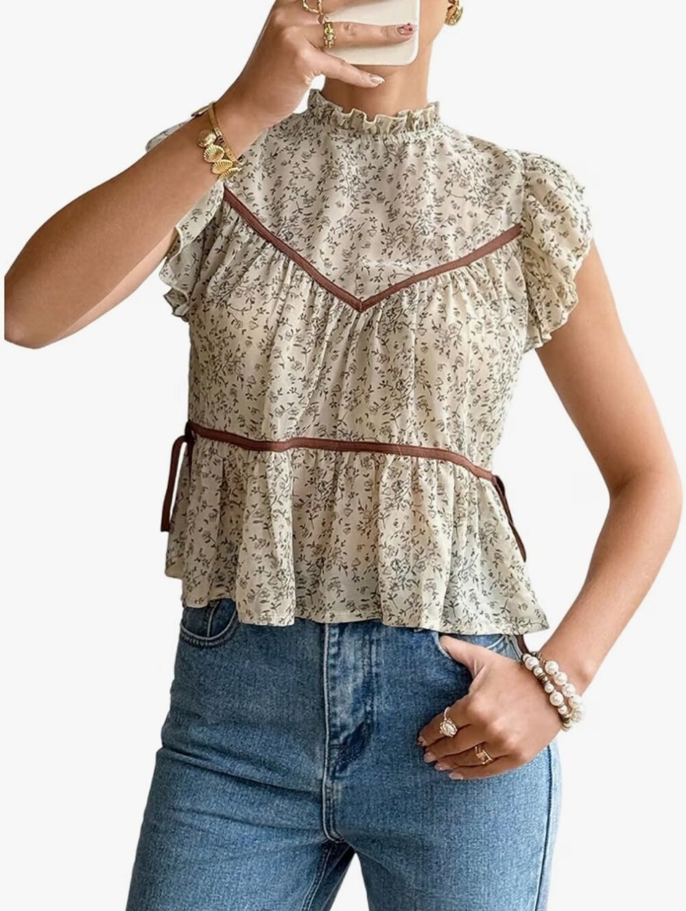 Floral Ruffle Sleeve Peplum Top - Cream